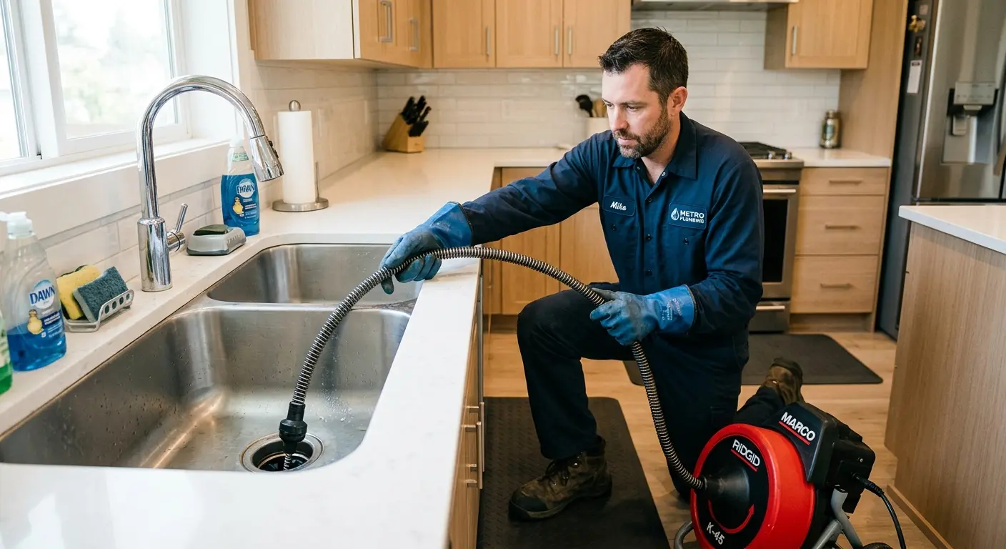 Drain cleaning technician using a motorized snake on a kitchen sink in Sanibel