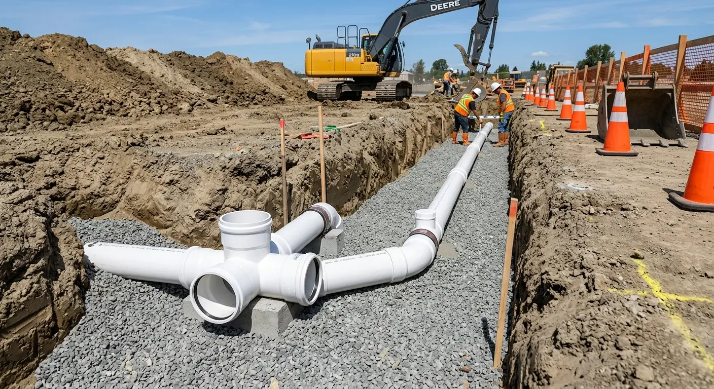 New PVC sewer pipe installation in open trench for Commercial Drain Cleaning in Sanibel