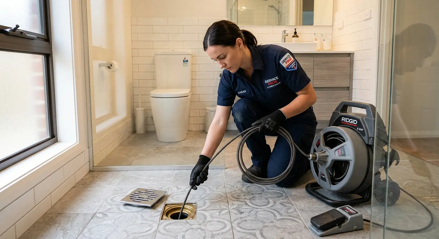 Technician clearing a bathroom floor drain for Drain Cleaning in Sanibel